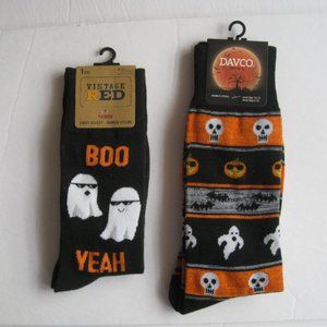 Men's Halloween Socks Davco Black/Orange & Vintage Red "Boo Yeah" Shoe Sz 6-12